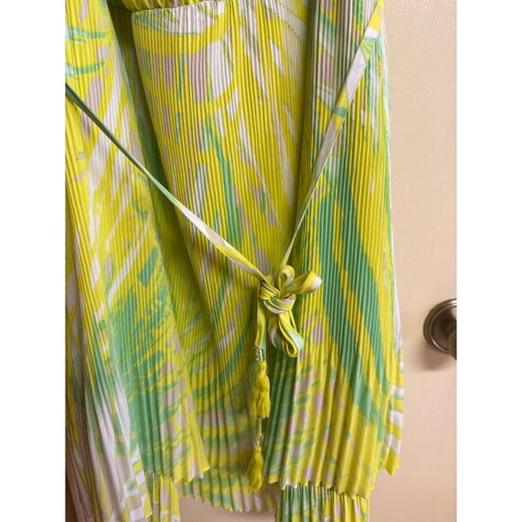 Lane Bryant 26/28 Yellow & Green Pleated Asymmetrical Hem Dress With Tie Straps - Picture 4 of 7